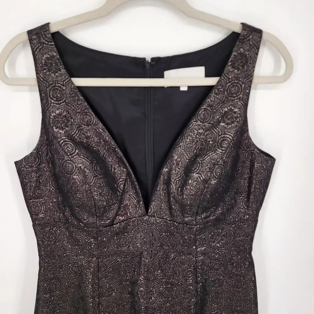 Badgley Mischka Feather Hem Cocktail Dress 10 Metallic Brocade Sleeveless Black - Picture 4 of 11